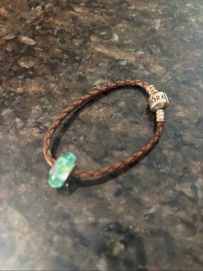 Pandora Brown Braided Leather Bracelet with Green-Aqua Glass Charm